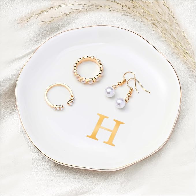 ProCase Ceramic Jewelry Tray, Initial Ring Dish Trinket Plate Engagement Gift, Small Personalized Monogram Ring Bowl for Wedding, White Decorative Jewelry Holder for Women Vanity -Letter H