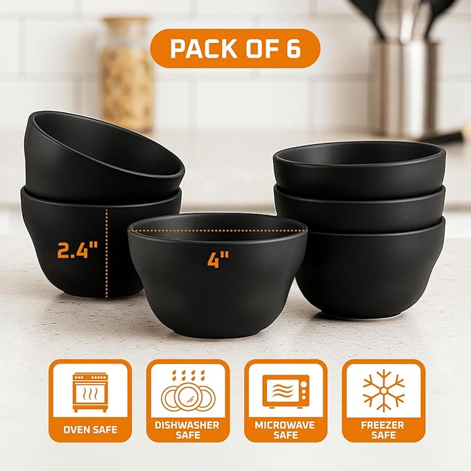 Bruntmor Set of 6 Ceramic Dessert Bowls - 8 Oz Chip and Dip Bowls for Parties, Small Ceramic Ramekins Set for Snacks, Nuts, and Dips - Custard Cups - Oven, Microwave, Dishwasher Safe - Matte Black