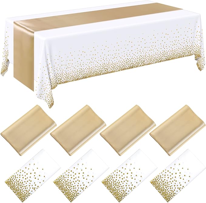 Breling 8 Pack White and Gold Disposable Plastic Tablecloths and Satin Table Runner Set, 54 x 108 Inch Tablecloth, 12 x 108 Inch Table Runners for Wedding First Communion Baby Shower Graduation