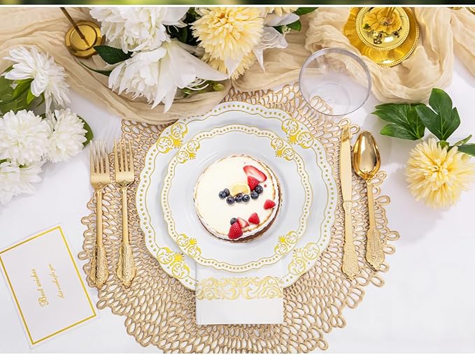Ciaell 175 PCS White and Gold Plastic Plates - Fancy Gold Disposable Dinnerware Set with of 50 Plastic Plates, 25 Knives, 25 Forks, 25 Spoons, 25 Cups, 25 Napkins for Wedding, Party