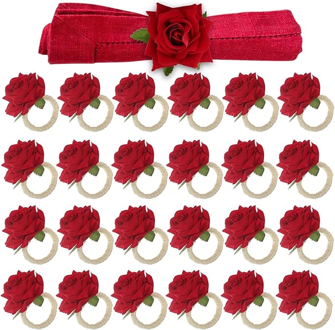 Set of 24 Red Napkin Rings Red Rose Napkin Rings Handicraft Flower Pink Flower Napkin Holder Wedding Napkin Holder Table Decoration for Mother Day Party