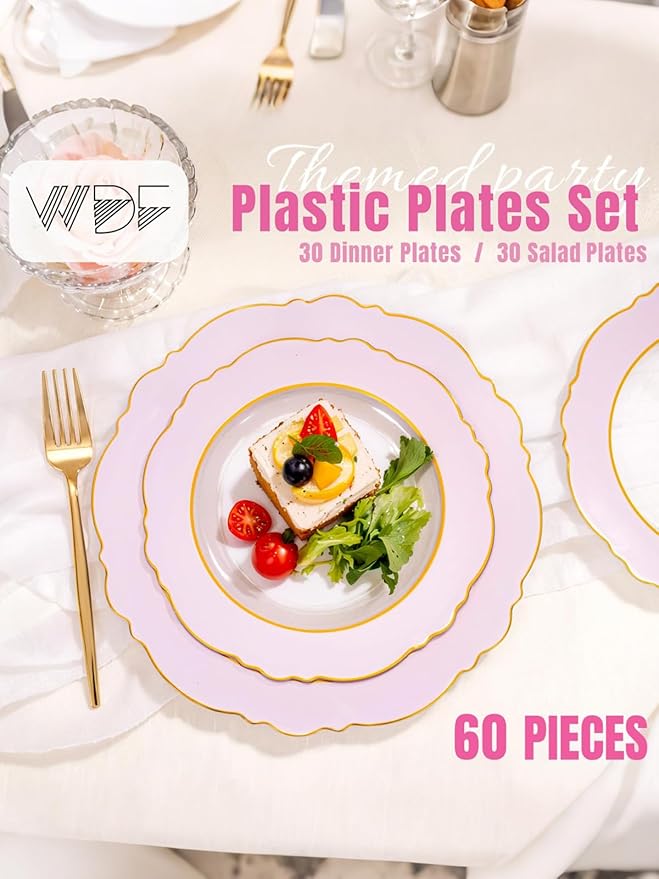 WDF 60Pcs Pink Plates Disposable with Gold Rim - Baroque Clear Pink and Gold Plastic Party Plates Ideal for Wedding, Valentine's Day