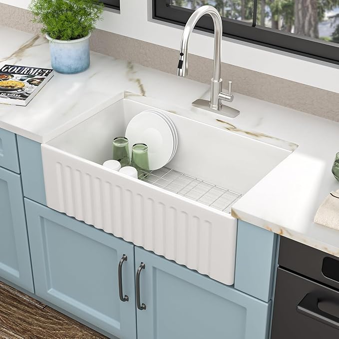 30"x18" White Farmhouse Kitchen Sink – Reversible Apron Front Fireclay Single Bowl Farm Sink, White Ceramic Porcelain Farmer Style Basin