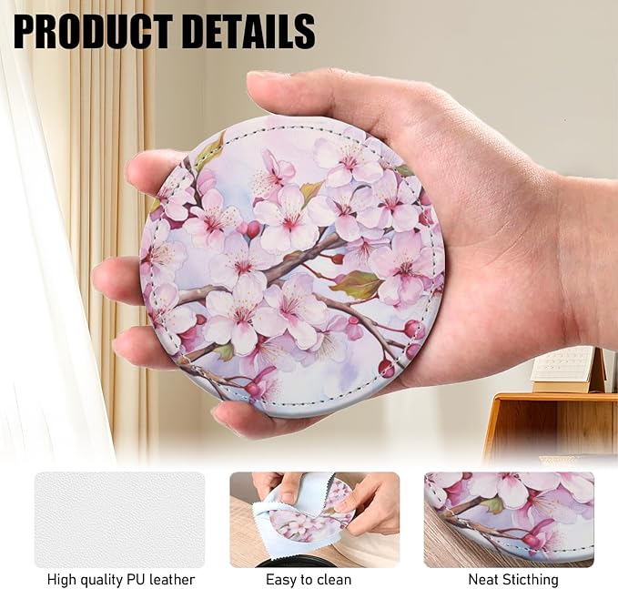 Coasters for Drinks PU Leather,Set of 6 with Holder,Round Housewarming Gift Home Decor,Cherry Blossoms with Pink Petals