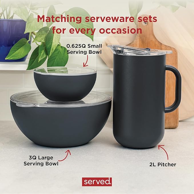 served Large Insulated Serving Bowl with Lid (100oz/3QT) - Double-Walled Stainless Steel Bowl for Hot & Cold Food - Vacuum Insulated, Spill-Resistant Thermal Bowl for Parties, Casseroles, Tailgates