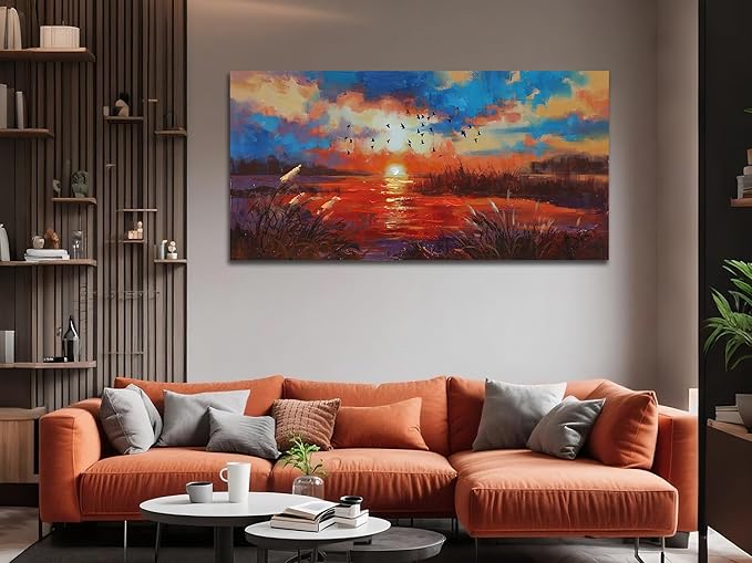 Anolyfi Red Sunset Reed Canvas Wall Art for Living Room, Sunset over the Lake Wall Decor Decorative Painting Large Artwork for Men Room Hallway Bedroom Kitchen Office Home Decor 40"x20"