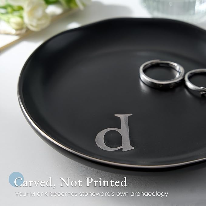 Lolalet Handmade Ceramic Ring Dish Jewelry Tray Plate with Initial, Small Monogram Gift for Her Women Girls Mother, Hostess, Engagement, Bridal Shower, Maid of Honor, Bridesmaid, Birthday, Christmas