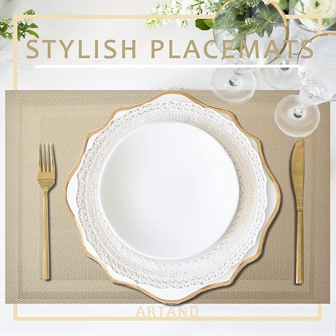 DACHUI Placemats Set of 8, Linen Look Woven Place Mats, Water Resistant, Heat Resistant, Washable, Durable Table Mats (Beige)