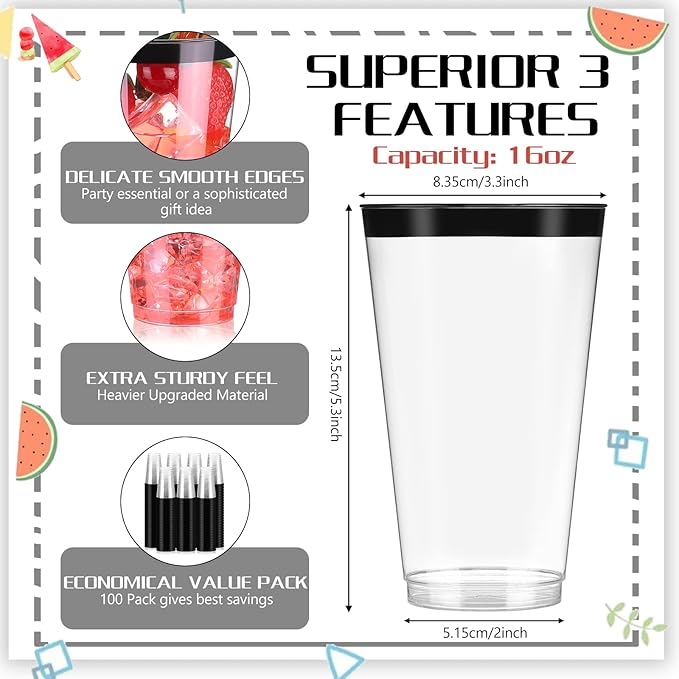Patelai 100 Pcs 16oz Plastic Cups Disposable Rimmed Cups Heavy Duty Drinking Wine Glasses for Christmas Winter Birthday Beer Taste Serving Snack Sample Tastings Barbecues Picnic(Black)