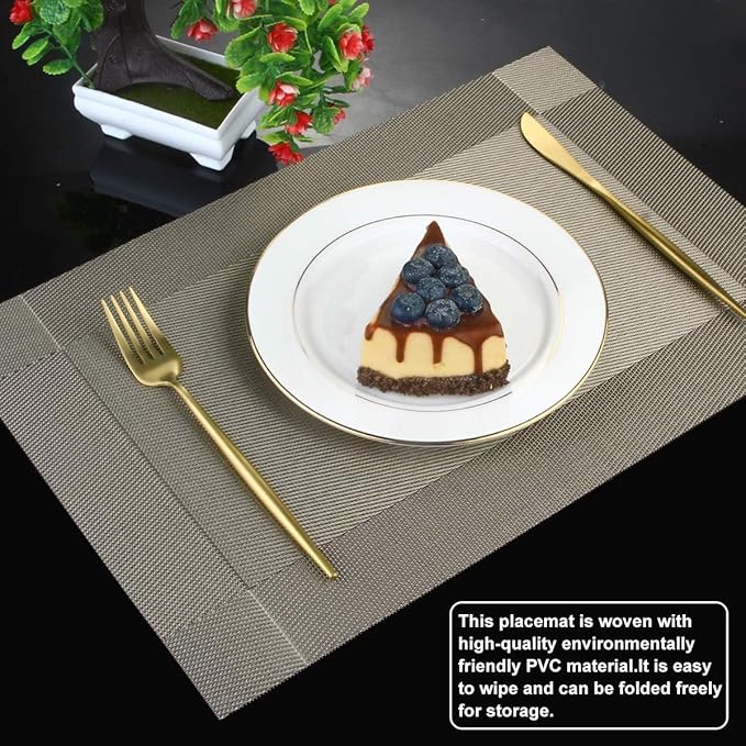 DACHUI Heat-Resistant Placemats Stain Resistant Anti-Skid Washable PVC Table Mats Woven Vinyl Placemats (4pcs, Coffee-Cross)