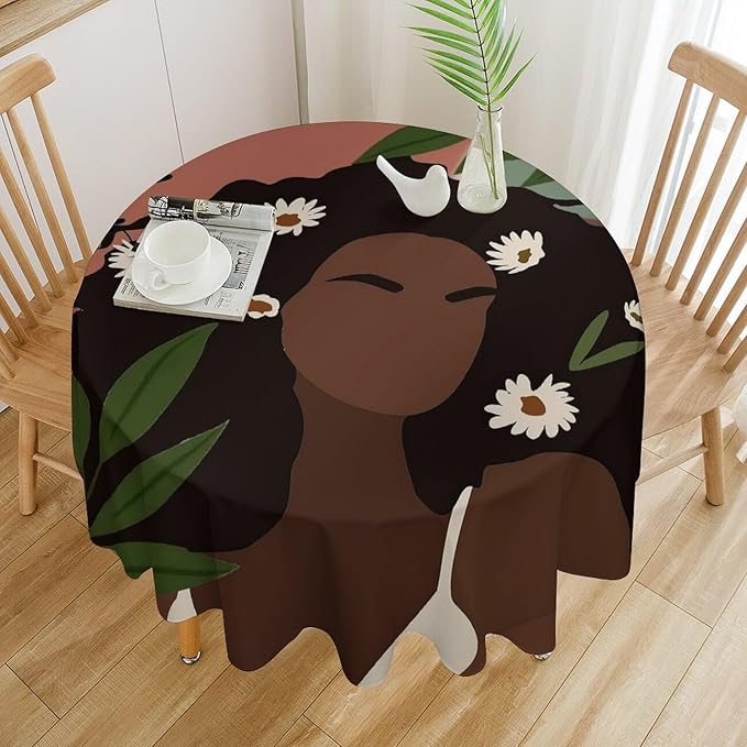 Bohemian Retro Mid Century Round Tablecloth, African Woman Girl Leaves Flower Tablecloth for Home Party Dining Room Kitchen Decor 50Inch(127cm)