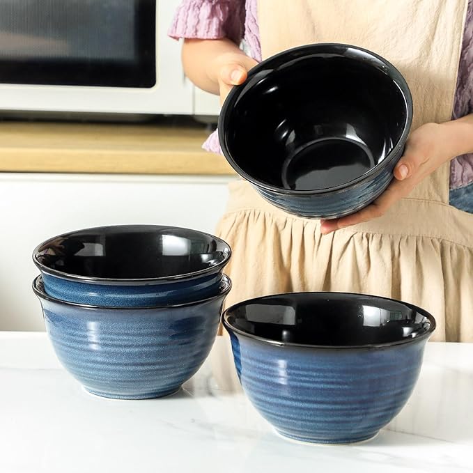 MEKY Soup Bowls Set of 4,40 OZ Large Ceramic Cereal Bowls, 7 Inch Deep Serving Bowls for Ramen, Pho, Salad, Pasta, noodles, Decor and Housewarming Gift, Dishwasher & Microwave Safe, Blue