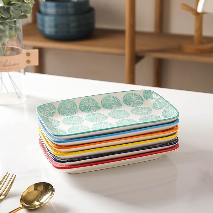 Selamica Ceramic 8 inch Rectangular Salad Plates, Dinner Plates, Pasta Dessert Plates for Appetizer, Sushi, Fruit - Microwave/oven/Dishwasher Safe, Set of 6, Assorted Colors