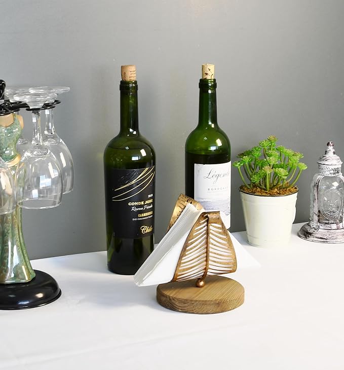 OwlGift Freestanding Modern Napkin Holder w/Bronze Metal Leaf & Brown Wooden Base Design, Tabletop Tissue Dispenser, Napkin Storage Organizer