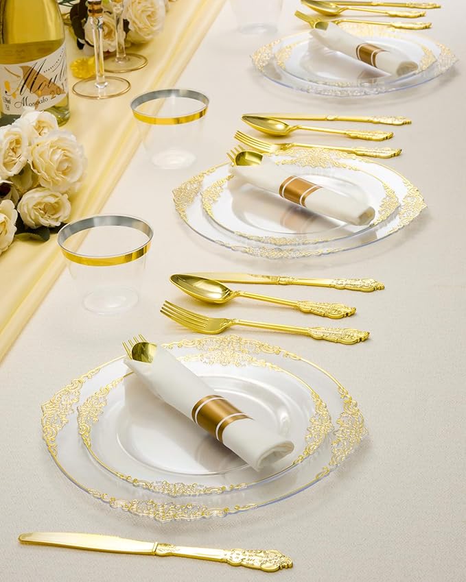 Goodluck 350 Piece Clear Gold Plastic Dinnerware Set for 50 Guests, Fancy Disposable Plates, Include: 100 Gold Rim Plastic Plates, 150 Silverwares, 50 Pre Rolled Napkins, 50 Cups for Party, Wedding
