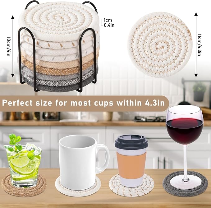 OIAHOMY 10 Pcs Drink Coasters with Holder, Boho Cotton Woven Coaster Set, Absorbent Coaster Protection for Various Cups, Ideal for Coffee Tables Home Decor and Gift, 4.3 Inches,Mixed Yellow