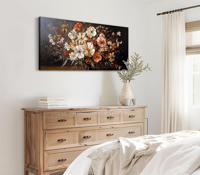 ADJUVANT Wall Art Vintage Floral Bouquet in Vase 40"L x 20"W, Flowers Canvas Painting Botanic Artwork Retro Blossoms Prints Graceful Floral Wall Decor for Living Room Bedroom Dining Room Home Office