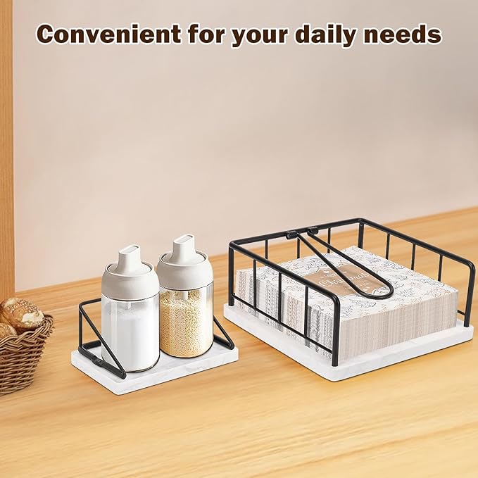 Livabber Flat Napkin Holder, Metal Kitchen Napkin Storage with Weighted Tension Arm Rustic Tissue Paper Dispenser for Countertop, Table Kitchen, Dining Room (with Marble Base, Black Napkin Holder Set)