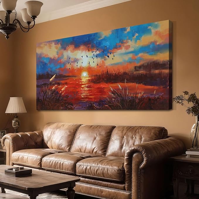Anolyfi Red Sunset Reed Canvas Wall Art for Living Room, Sunset over the Lake Wall Decor Decorative Painting Large Artwork for Men Room Hallway Bedroom Kitchen Office Home Decor 40"x20"