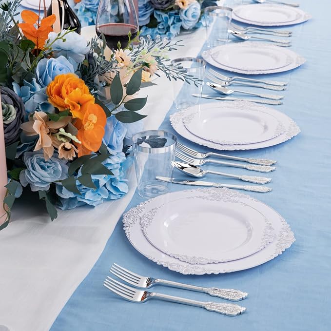 Hioasis 100pcs White Silver Plastic Plates - 10.25" Dinner Plates Disposable, Heavy -duty, Classy and Elegant for Thanksgiving