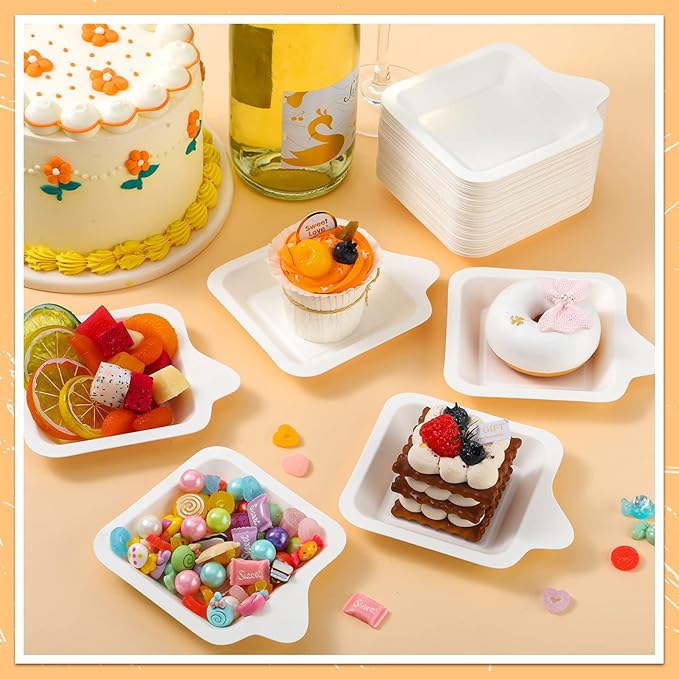 Remerry 100 Pcs Small 4 Inch Paper Plates Bulk Disposable Plates Paper White Square Dessert Cake Party Snack Sugarcane Bagasse Fiber Wedding Birthday Dinner Graduation Pet Feeding (4.41 x 5.24 Inch)