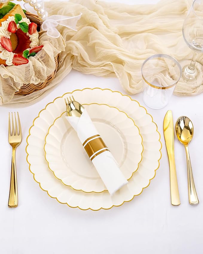 YOUBET 350PCS Ivory Scalloped Plastic Plates - Ivory and Gold Disposable Dinnerware Set Include 100 Plates, 150 Gold Silverware, 50 Cups, 50 Napkins for Wedding & Party