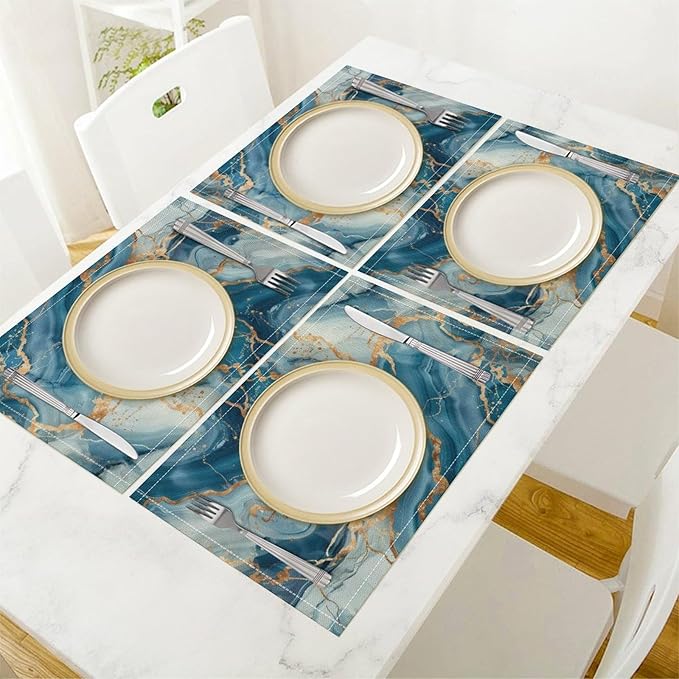 Marble Linen Placemats Set of 2, Modern Abstract Foil Stone Texture Gold Blue Marble 12x17 Inch Washable Table Mats Non Slip Placemats for Wedding Party Kitchen Banquets Dining Decoration