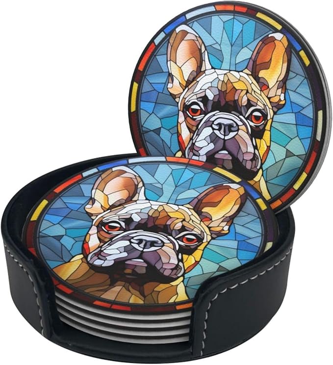 Drink Coaster Set of 6, French Bulldog Dog Mom Lover Gift,Leather Drink Coasters with Holder,6 Pack Cup/Bar/Drink Coasters for Table/Drinks/Coffee Protection Housewarming Gift