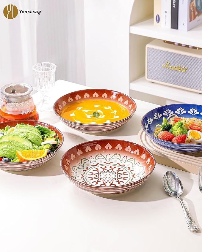 Yeacccng Pasta Bowls Set of 6, 35 Oz Ceramic Large Salad Bowl, 8.5 Inch Colorful Serving Bowls for Kitchen, Dishwasher & Microwave Safe, Scratch-Resistant, Lead-Free (Blue*6)