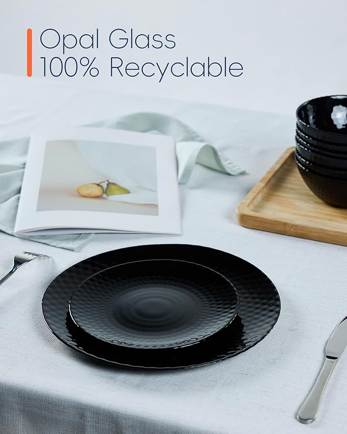 10.5 inch Dinner Plate Set of 6, Round Opal Glass Black Geometric Faceted Dinnerware Plates, Dishwasher and Microwave Safe