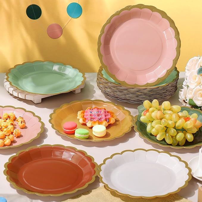 48 Pcs Fall Boho Paper Plates 9 Inch Gradient Scalloped Paper Disposable Dinner Dessert Plates for Birthday Wedding Bridal Party Supplies, 6 Colors