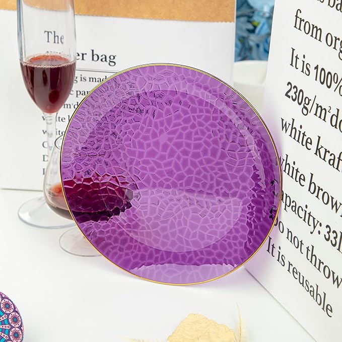 Hioasis 60pcs Purple Plastic Plates - Gold Rimmed Disposable, Hammered, Heavy-duty Dinnerware Set Suitable for 30 Guests, 10.25" Dinner & 7.5" Dessert Plates for Party & Wedding