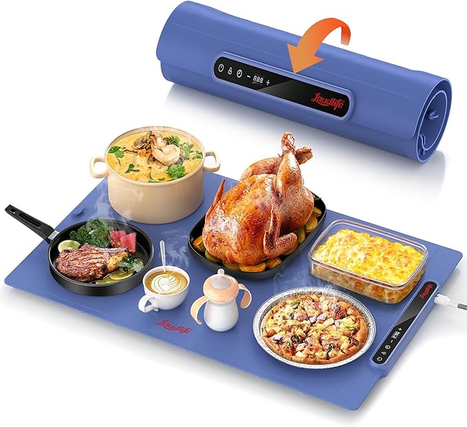 Electric Warming Mat for Food, Roll-Up Silicone Heating Pad with 7 Adjustable Tempmaster Levels, Foldable Warming Tray for Countertop,Buffet Party, Kitchen & Home, Child Lock, Dark Bule