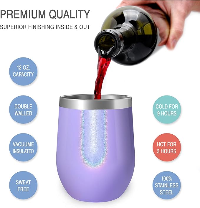 CHILLOUT LIFE 12 oz Stainless Steel Wine Tumbler with Lid - Double Wall Vacuum Insulated Wine Cup Glass Keeping Cold & Hot for Coffee, Champagne, Cocktails, Ice Cream - Purple Sparkle