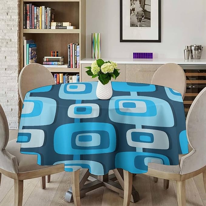 Mid Century Boho Round Tablecloth, Blue Mid Century Modern Art Abstract Geometric Pattern Retro Vintage Style Tablecloth for Home Party Dining Room Kitchen Decor 60Inch(152cm)