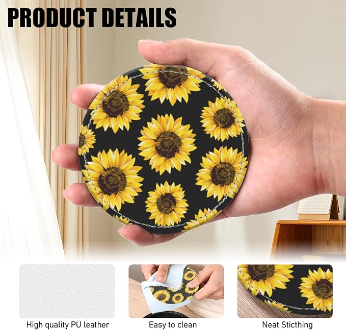 Coasters for Drinks PU Leather,Set of 6 with Holder,Round Housewarming Gift Home Decor,Sunflower On Black Background