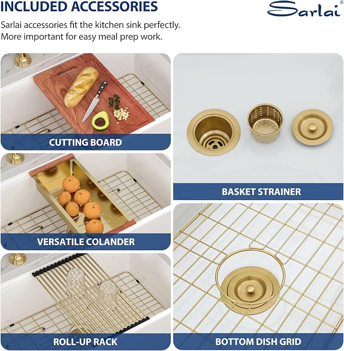 Sarlai 33 White Farmhouse Kitchen Sink - 33x20 Inch Undermount Kitchen Sink Workstation Apron Front Ceramic Fireclay Single Bowl Farmer Sinks Basin With Gold Accessories