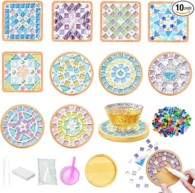 Airsnigi 10 Set DIY Mosaic Tiles for Crafts Mixed Color Mosaic Kits with Wooden Coasters Handmade Glass Coasters Crafts Set for Drinks Tray Handmade Home Decoration Christmas Gift