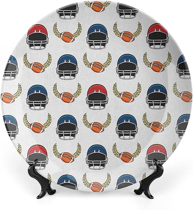 Decorative Plates, American Football Print Ornament, Rugby Championship Professional League Fun Game, 7 Inch, 1 Plate with 1 Display Stand, Multicolor