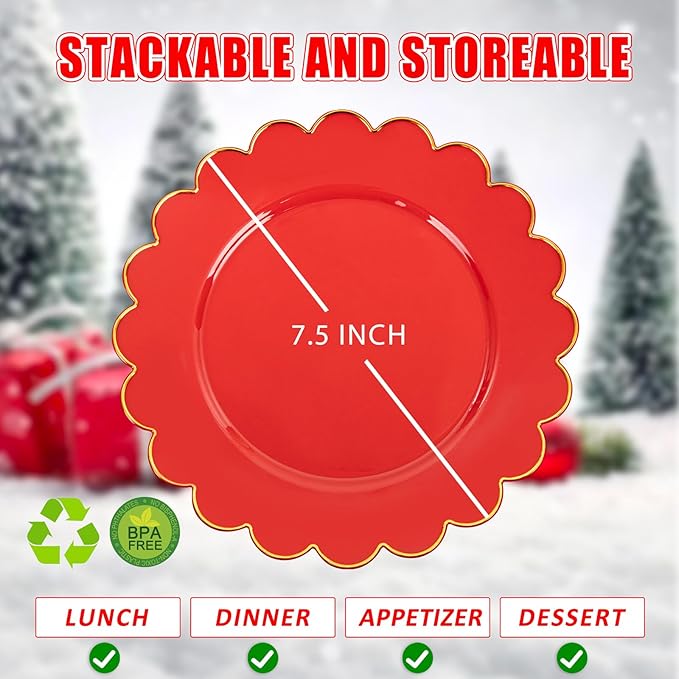 SUT 72Pcs Red Plastic Plates-7.5inch Dessert Plates with Gold Trim, Red Disposable Plates,Fancy plastic plate, Heavy Duty Plastic Plate for Wedding & Parties