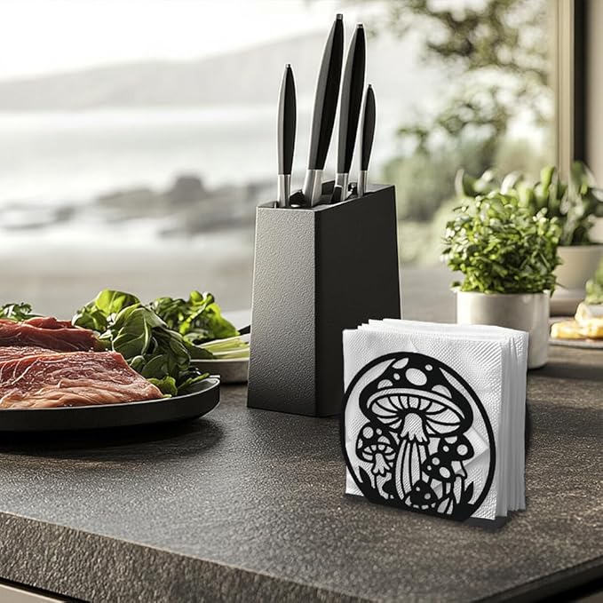 Mushroom Decorative Black Metal Napkin Holder for Table, 5.3" x 4.8" x 2" Mushroom Plant Standing Napkin Holder for Home Kitchen Restaurant Picnic Party Coffee Bar Dining Room
