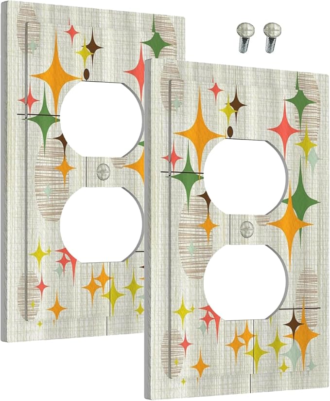 Outlet Covers Mid Century Modern Retro Stars 1 Gang Duplex Light Switch Cover Plate Decorative Wall Plates Electrical Switchplate Receptacle for Bathroom Bedroom Decor（2 Pack）