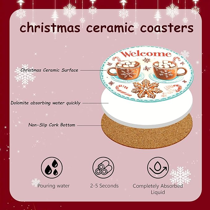 Christmas Drink Coasters Set of 6 with Black Holder and Cork Base, Absorbent Ceramic Coasters Round Decorative Coffee Table Decor for House Warming Gifts New Home