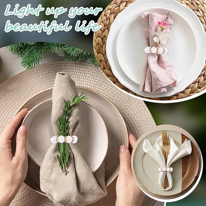 100 Pcs Pearl Napkin Rings - Exquisite Gold Napkin Rings Bulk, Suitable for Table Decorations for Weddings, Family Parties, Engagements, Christmas, Tea Theme, and Other Occasions