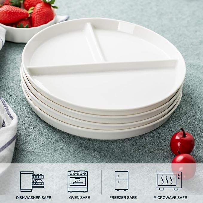 Ceramic Divided Plates Set of 4Pcs, large, White, Portion Control Plate, Reusable Bariatric Plate for Kids Adults, 3 Compartment Plates