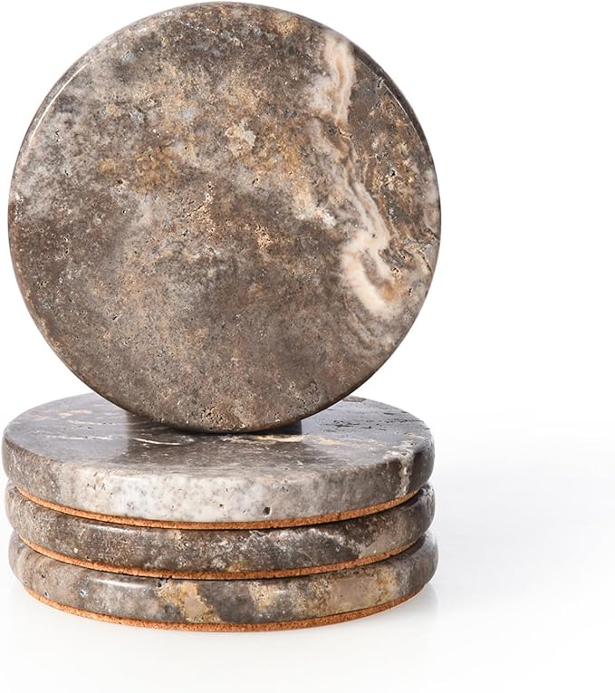 Natural Travertine Marble Coasters Set of 4, Round Gray Stone 4 Inch, Modern Drink Coasters for Home Decor, Coffee Table, Office