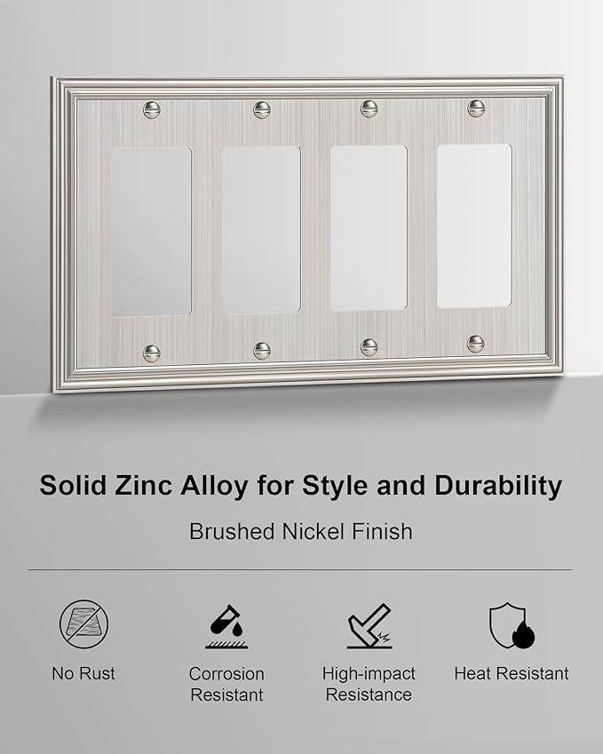 2-Pack Quad Decorator Outlet Cover Plate, Zinc Alloy Brushed Nickel Switch Plates and Outlet Covers, 4 Gang Wall Plates for Electrical Outlets, Receptacle, GFCI Outlet, Dimmer Switch