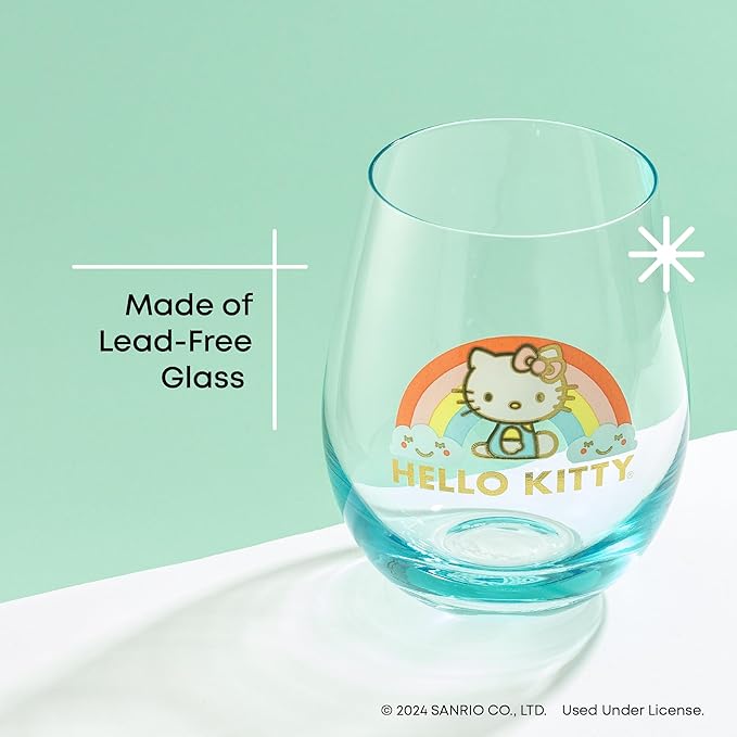 JoyJolt Hello Kitty Sweet Rainbow Stemless Drinking Glasses Set of 4, 19oz Glass Cups, Kawaii Kitchen Glassware Sets, Sanrio Hello Kitty Merch, Teardrop Tumblers for Water, Juice, Coffee, Iced Tea