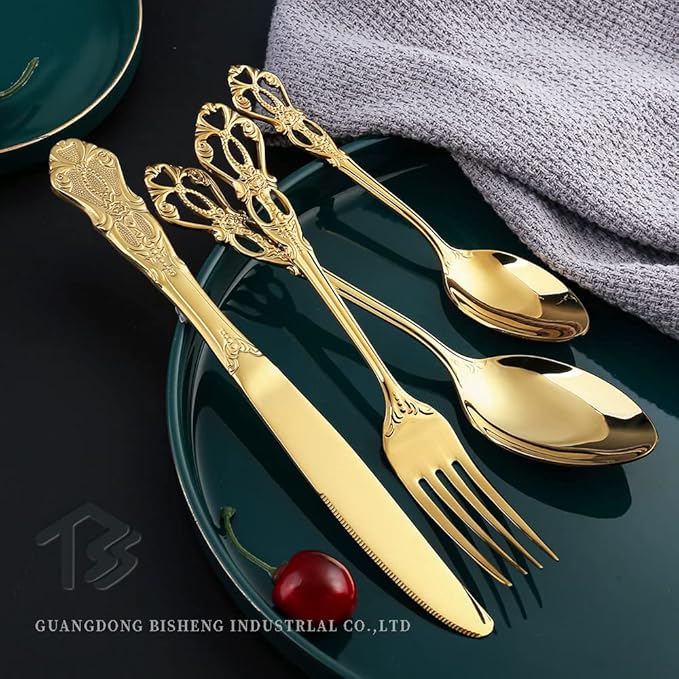 Gold Silverware Set for 12 Stainless Steel Flatware Set Palace Style Hollow Relief Decoration 48 Piece Cutlery Utensils Include Knives Forks and Spoons Tableware Set for Home Kitchen Restaurant Party