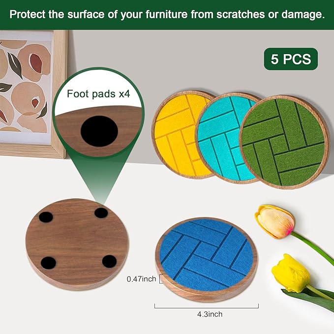 Coasters for Drinks Absorbent 5 Pack, Wood Coasters with Felt Pads, Drink Coasters for Coffee Tabletop Protection, Non-Slip, Non-Stick, Suit for Kinds of Cups 4.3 inch Colorful